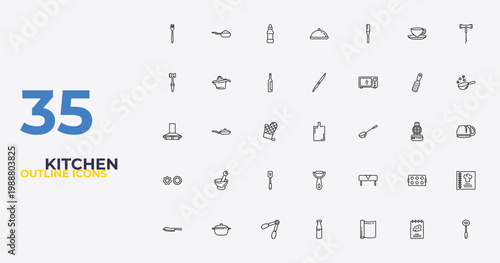 outline kitchen icons set - steak knife, tablecloth, skimmer. editable vector for web and mobile ui