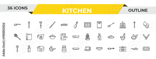 outline kitchen icons set - molded, coffee hine, conserve. editable vector for web and mobile ui