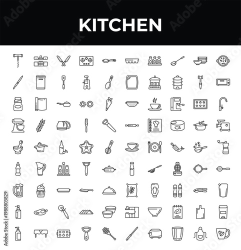 outline kitchen icons set - steak knife, mortar, liquid soap. editable vector for web and mobile ui