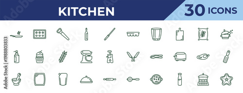 outline kitchen icons set - ice cube tray, soap dispenser, mortar. editable vector for web and mobile ui