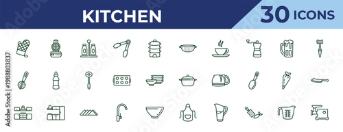 outline kitchen icons set - nder, tea infuser, kitchen. editable vector for web and mobile ui