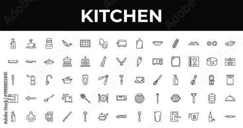 outline kitchen icons set - eggs, kitchen, knife sharpener. editable vector for web and mobile ui