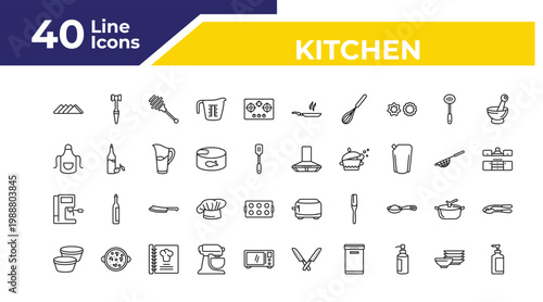 outline kitchen icons set - apron, coffee hine, custard cup. editable vector for web and mobile ui