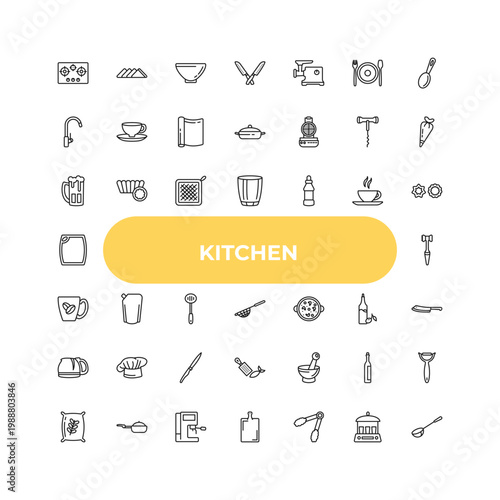 outline kitchen icons set - beer, ketchup, mortar. editable vector for web and mobile ui