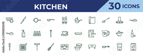 outline kitchen icons set - wok, stew pot, paddle. editable vector for web and mobile ui