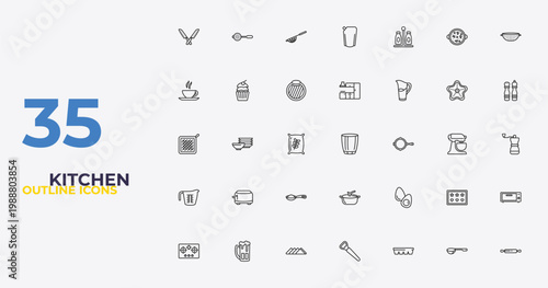 outline kitchen icons set - kitchen cabinet, eggs, rolling pin. editable vector for web and mobile ui