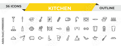 outline kitchen icons set - coffee pot, dinner, toaster. editable vector for web and mobile ui