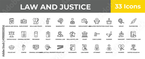 outline law and justice icons set - recorder, corpse, justice scales in hand. editable vector for web and mobile ui