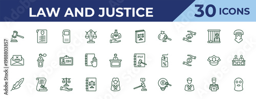 outline law and justice icons set - labour and social law, crime letter, feather pen. editable vector for web and mobile ui