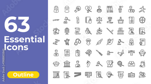 outline law and justice icons set - divorce, adminstrative law, . editable vector for web and mobile ui