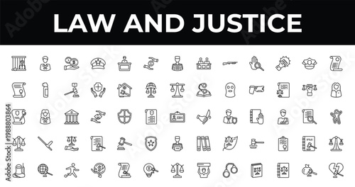 outline law and justice icons set - property and finance, counsel, bankruptcy. editable vector for web and mobile ui