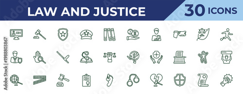 outline law and justice icons set - bribery, custody, diploy. editable vector for web and mobile ui