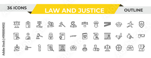 outline law and justice icons set - roman law, documents, pepper spray. editable vector for web and mobile ui