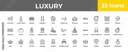 outline luxury icons set - vip pass, vip, fragrance. editable vector for web and mobile ui