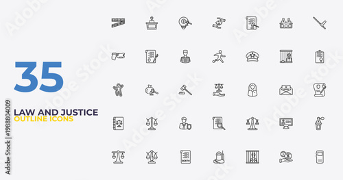 outline law and justice icons set - escape, law balance, recorder. editable vector for web and mobile ui