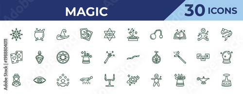 outline magic icons set - pigeon, playing cards, magic assistant. editable vector for web and mobile ui