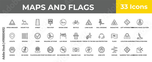 outline maps and flags icons set - mark, no skiing, mining work zone. editable vector for web and mobile ui