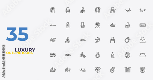 outline luxury icons set - jewelry store, luxury dress, vest suit. editable vector for web and mobile ui