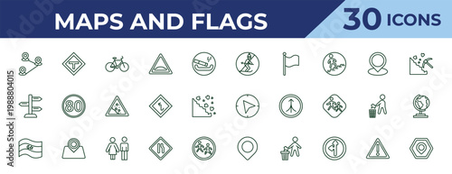 outline maps and flags icons set - no skiing, vintage, flags. editable vector for web and mobile ui