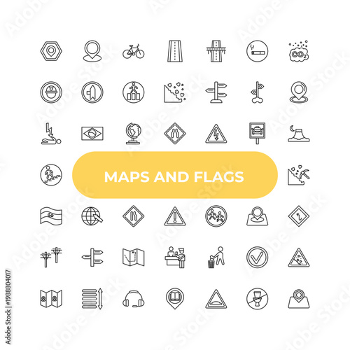outline maps and flags icons set - electrocution risk, arrow on globe, no littering. editable vector for web and mobile ui