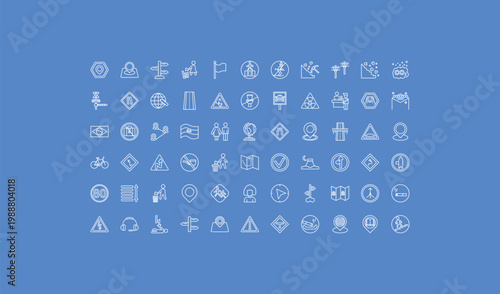 outline maps and flags icons set - no skiing, no toileting, ear protection. editable vector for web and mobile ui