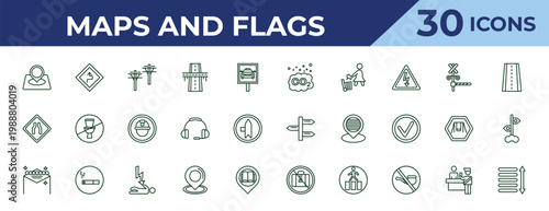 outline maps and flags icons set - co2, narrow two lanes, las vegas. editable vector for web and mobile ui