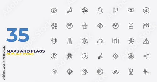 outline maps and flags icons set - narrow two lanes, narrow right lane, rail crossing. editable vector for web and mobile ui