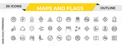 outline maps and flags icons set - swings, reading zone, inmigration check point. editable vector for web and mobile ui