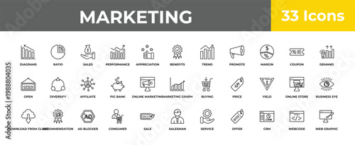 outline marketing icons set - affiliate, recommendation, web graphic. editable vector for web and mobile ui