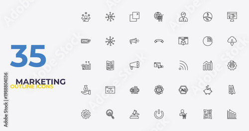 outline marketing icons set - banner, ad blocker, diagrams. editable vector for web and mobile ui