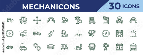 outline mechanicons icons set - changing car tire, cart wheel, convertible car. editable vector for web and mobile ui