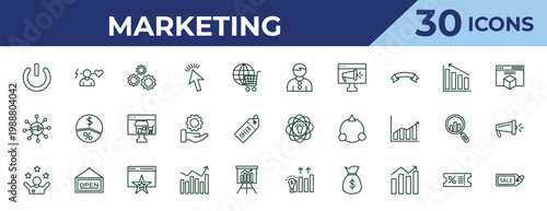 outline marketing icons set - salesman, viral, motivation. editable vector for web and mobile ui