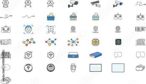 43 Technology and AI Vector Icon Set: AI Agent, CCTV, Biometrics, GPU, NFT, Smart Home, and Gadgets. Minimalist Black Line Outline Collection with Editable Stroke and Adjustable Line Weight.