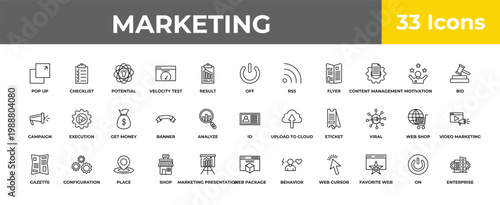 outline marketing icons set - get money, configuration, enterprise. editable vector for web and mobile ui