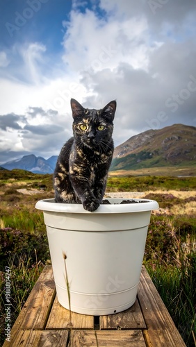 Tortoiseshell cat perched in a pot, outdoor scenery