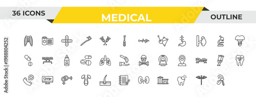 outline medical icons set - pulse line, lungs, medical heart scan. editable vector for web and mobile ui