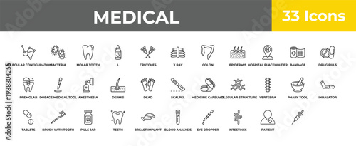 outline medical icons set - anesthesia, brush with tooth paste, syringe with medicine. editable vector for web and mobile ui