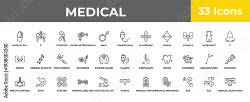 outline medical icons set - tooth brush, stoh, medical heart scan. editable vector for web and mobile ui