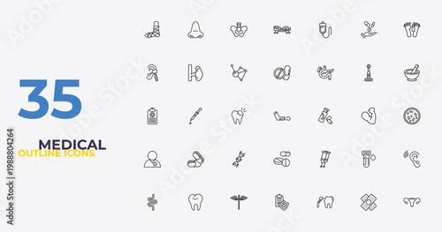 outline medical icons set - drug pills, crutches couple, uterus. editable vector for web and mobile ui