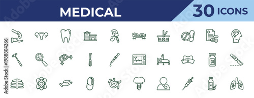 outline medical icons set - hospital bed side view, medical hammer tool, x ray. editable vector for web and mobile ui