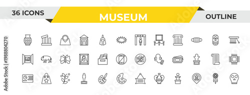 outline museum icons set - metal detector, archivist, botanical. editable vector for web and mobile ui