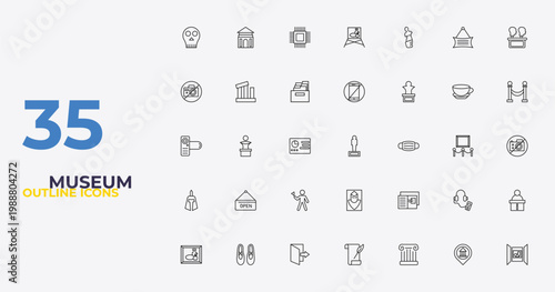 outline museum icons set - no phone, postcards, exhibition. editable vector for web and mobile ui