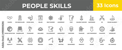 outline people skills icons set - filmmaker, interior de, big compass. editable vector for web and mobile ui