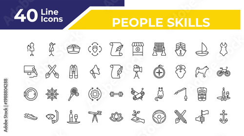 outline people skills icons set - tv correspondent, boat porthole, runner. editable vector for web and mobile ui