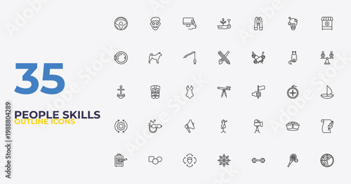 outline people skills icons set - interior de, filmmaker, radar detection. editable vector for web and mobile ui