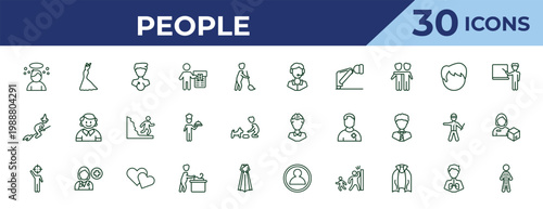 outline people icons set - phone assistance, witch flying broom, man with target. editable vector for web and mobile ui
