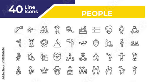 outline people icons set - waiter working, give a piggy back ride, princes. editable vector for web and mobile ui