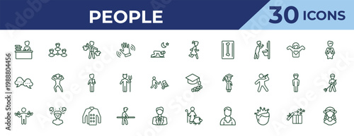 outline people icons set - girl running, speak bubble, biceps of a man. editable vector for web and mobile ui
