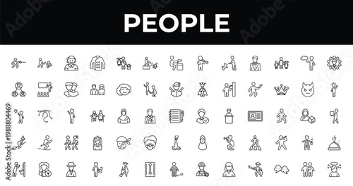 outline people icons set - man pushing child, man with an idea, man with open lock. editable vector for web and mobile ui
