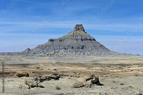 Canvastavla Factory Butte and surrounding landscape near Hanksville, Utah under delicate wispy cloudscape in early afternoon light